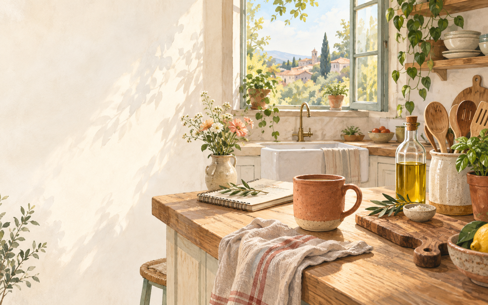 A sunny illustrated kitchen corner with a mug, utensils, and plants